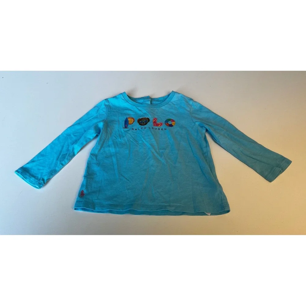 Polo Ralph‎ Lauren Baby Long Sleeve T Shirt Surf Bear Graphic Blue Sz 12mo